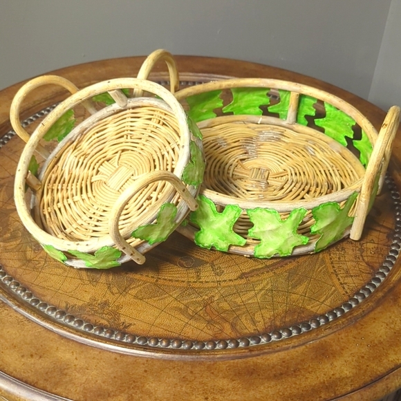 Vintage Wicker Baskets with Metal Green Leaf Accents, Handcrafted In Philippines - Picture 11 of 11